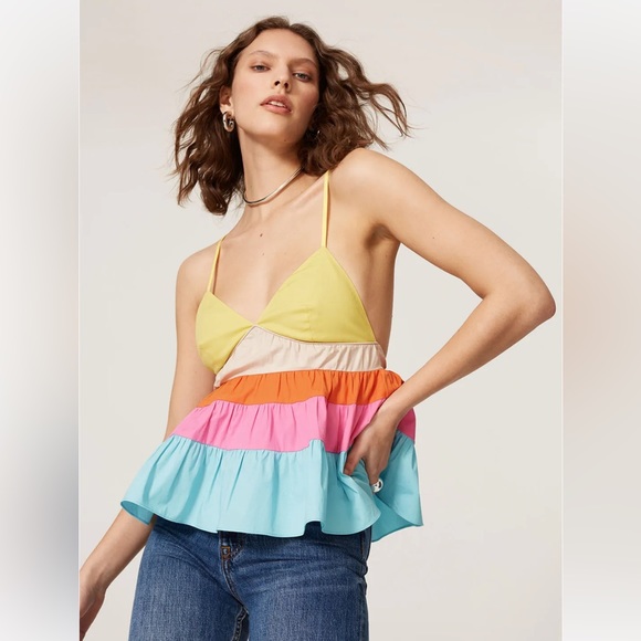 STAUD Tops - Staud Olympia Colorblock Spaghetti Strap Flowy Tank Top Multi Baby Blue Pink szM